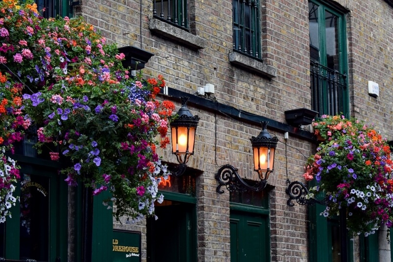 Dublin pub with hanging flowers